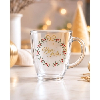 Caneca Cônica de Vidro Natal 350 ml luva com 1 - Boas Festas