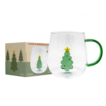 Caneca Borossilicato 3D 420 ml luva com 1 Natal Árvore