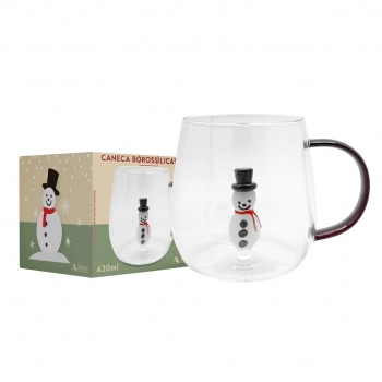 Caneca Borossilicato 3D 420 ml luva com 1 Natal Boneco
