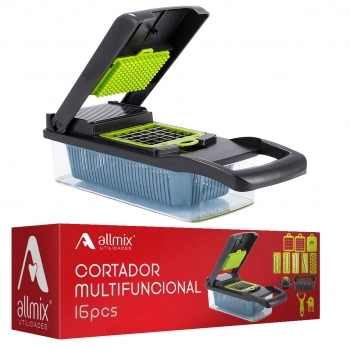 Cortador Multifuncional Fatiador Plástico Inox de Verduras/Legumes/Frutas com Recipiente 16 Peças luva com 1