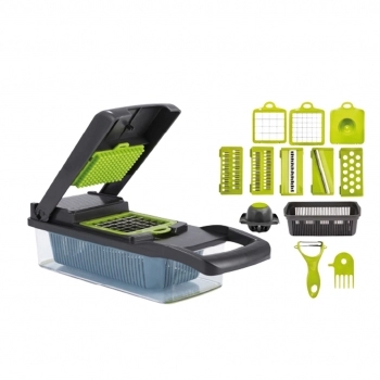 Cortador Multifuncional Fatiador Plástico Inox de Verduras/Legumes/Frutas com Recipiente 16 Peças luva com 1