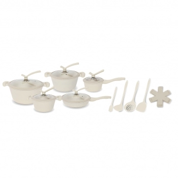 Conjunto de Panelas Alumínio 4 mm Revestimento Cerâmico com Utensílios Marbella 18 Peças – Bege