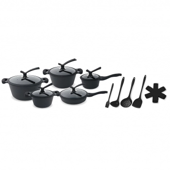 Conjunto de Panelas Alumínio 4 mm Revestimento Cerâmico com Utensílios Marbella 18 Peças – Preta