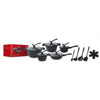 Conjunto de Panelas Alumínio 4 mm Revestimento Cerâmico com Utensílios Marbella 18 Peças – Preta