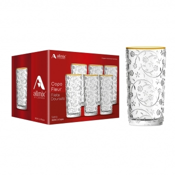 Copo Long Drink de Vidro Filete Dourado Fleur 360 ml